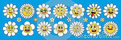 Groovy flower characters. Funny daisy with smile. Sticker pack in trendy retro cartoon hippie style. Vector Illustration