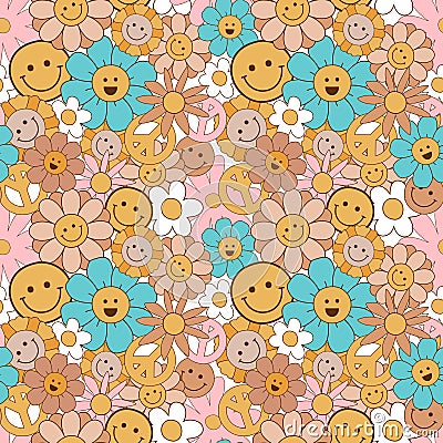 Groovy flowers pattern. Retro seventies floral seamless pattern with smiling face flowers Cartoon Illustration