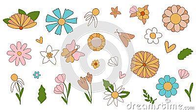 Groovy flowers set. Retro 70s floral graphic elements isolated collection. Hippie flowers, butterfly, flower power Cartoon Illustration