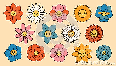 Groovy flowers set. Retro 70s smiling face flowers graphic elements isolated collection. Retro vintage flowers Vector Illustration