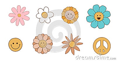 Groovy flowers set. Retro 70s smiling flowers graphic elements isolated collection vector. Vector Illustration