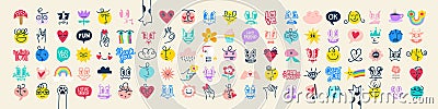 Groovy Funny Love sticker set. Cartoon Characters and Lettering in Different Styles. Vector Illustration