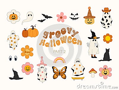 Groovy Halloween. Retro groovy Halloween cliparts. Hippie vintage style. Ghost, mushroom, pumpkin. Vector Vector Illustration