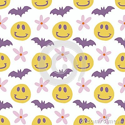 Groovy Halloween Seamless Pattern with smile faces emotion Vector Illustration