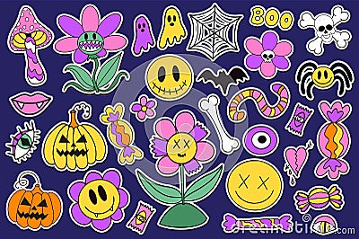 Groovy halloween stickers set in retro 70s style. Psychedelic collection of hippie design elements. The power of monster Vector Illustration