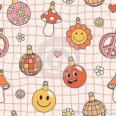 Groovy hippie Christmas seamless pattern. Smile, peace, wave, disco ball, mushroom. Vector Illustration