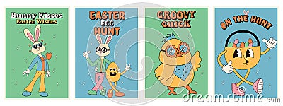 Groovy hippie Happy Easter posters. Easter eggs, bunny, chicks. Vector card in trendy retro 60s 70s cartoon style. Vector Illustration