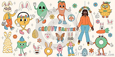 Groovy hippie Happy Easter set. Easter bunny, eggs, butterflies, cupcakes, chickens. Set of cartoon characters and Vector Illustration