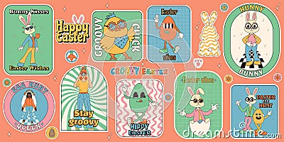 Groovy hippie Happy Easter stickers. Easter bunny, eggs, flower, chickens. Sticker pack of cartoon characters and Vector Illustration