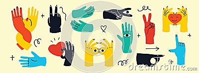 Groovy hippie love set of colorful hands with different gestures. Hands with heart, together hands and etc. Hand drawn Vector Illustration