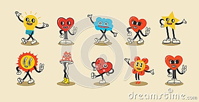 Groovy hippie love sticker character. Comic happy hearts, sun, stars, cloud character in trendy retro 60s 70s cartoon Vector Illustration