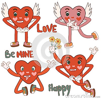 Groovy hippie love sticker collection for a retro, happy Valentine's Day. Features comic style joyful heart Vector Illustration