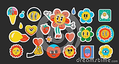Groovy hippie love stickers set. Comic happy retro flowers, geometric stickers, characters in trendy retro 60s 70s Vector Illustration