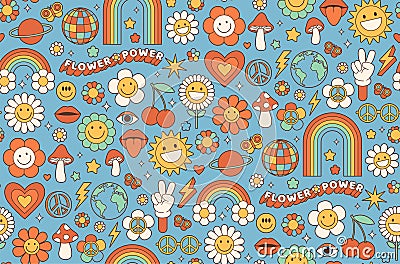 Groovy hippie 1970s background. Funny cartoon flower, rainbow, peace, Love, heart, daisy, mushroom. Vector Illustration