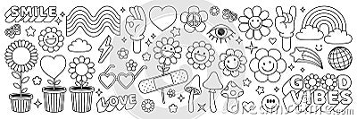 Groovy hippie 70s stickers. Funny cartoon flower, rainbow, peace, heart in retro psychedelic style. Vector Illustration