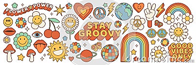 Groovy hippie 70s stickers. Funny cartoon flower, rainbow, peace, heart in retro psychedelic style. Vector Illustration