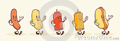 Groovy Hotdog Retro Character Illustrations Set. Cartoon Sausage, Bun and Ketchup Bottle Walking Smiling Vector Food Stock Photo