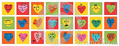 Groovy lovely hearts stickers. Love concept. Happy Valentines day. Funky happy heart character in trendy retro 60s 70s Vector Illustration