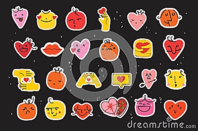 Groovy lovely hearts stickers. Love concept. Happy Valentines day. Funky happy heart character in trendy retro 60s 70s Vector Illustration