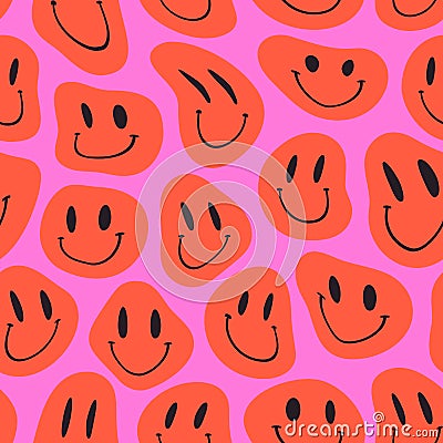 Groovy Melting Smiling Faces Seamless Pattern. Psychedelic Distorted Emoji Vector Background in 1970s Hippie Retro Style Editorial Stock Photo