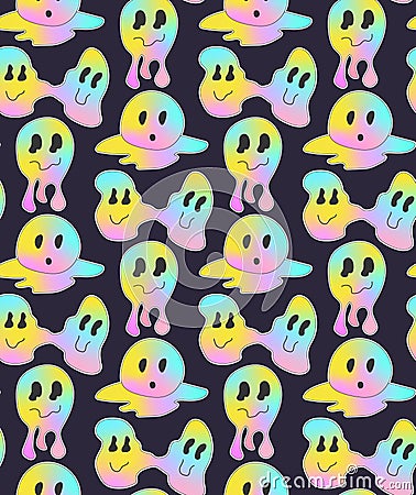 Groovy pattern melting smiling Faces on black background. Hippie seamlees gradient smile Vector Illustration