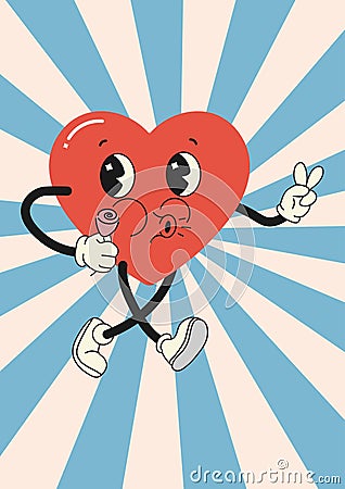 groovy postcard template heart character, on background Cartoon Illustration