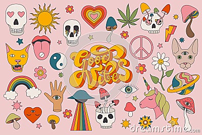 1970 groovy psychedelic clipart Set. Hippie 70s collection Vector Illustration