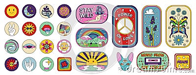 Groovy psychedelic stickers set, retro funky patches of different geometric shapes Vector Illustration