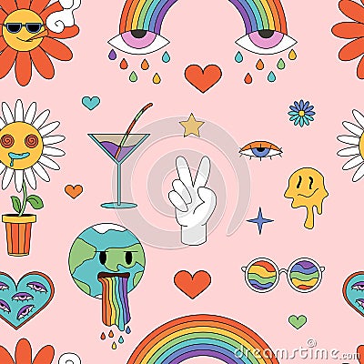 Groovy psychedelic stickers set in seamless pattern, funny retro hippie party elements Vector Illustration