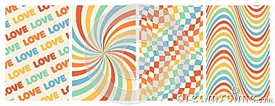 Groovy rainbow backgrounds. Checkerboard, chessboard, mesh, waves, swirl, twirl pattern. Vector Illustration