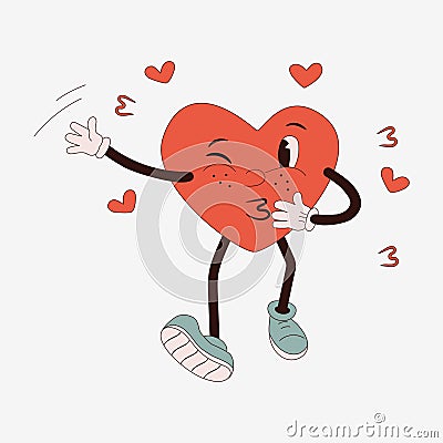 A groovy red retro heart winks and sends air kisses and love. Vector Illustration