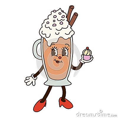 Groovy retro cartoon coffee girl character. Cappuccino cup with cake in gloved hands. Vector Illustration