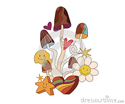 Groovy 70s retro poster template, retro vibes mushroom, flower, heart shape and smiling face pre-made print, rainbow Vector Illustration