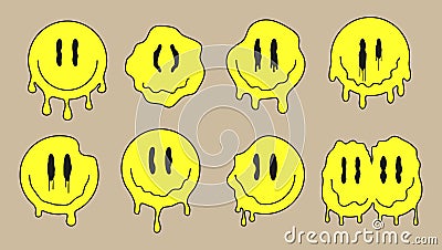 Groovy smiling faces vector. Retro doodle dripping emoji. Funny LSD, surreal, techno, melting face sign. Acid, trippy Vector Illustration
