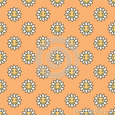 Groovy Smiling Flower Character vector simple colored seamless pattern Vector Illustration