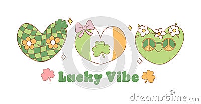 Groovy st patricks day banner, cute disco heart shape with clover leaf group cartoon doodle drawing Vector Illustration