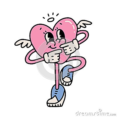Groovy sticker with dancing heart mascot. Cartoon lovely character with wings and lovely gesture. Fun happy Valentines Vector Illustration