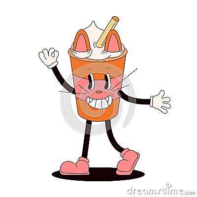 Groovy sticker in shape of disposable coffee cup. Retro cartoon cat character with ears and whiskers. Vector Vector Illustration