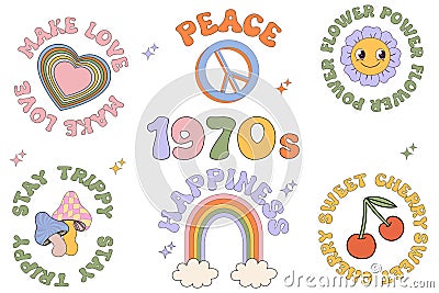 Groovy 1970 Slogan Stiker Pack: Peace Sign, Rainbow, Daisy, Heart, Psychedelic Mushroom in Rainbow Colors. Vector Illustration