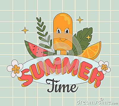 Groovy summer label with fruite and tropical leaves, cartoon ice-cream, text on retro blue background Vector Illustration