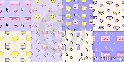 90 groovy trippy seamless pattern Old pc game 90s aesthetic. Pixel icons, diskette, joystick, dialog boxes. Set of Vector Illustration