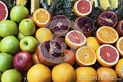Groseries shelf with fresh tropic fruits Stock Photo