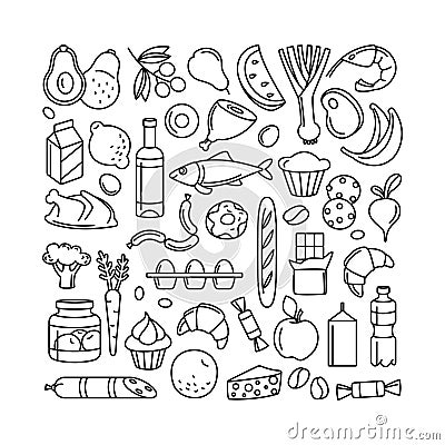 Grosery supermarket goods pattern store food, drinks, vegetables, fruits, fish, meat, dairy, sweets Vector Illustration