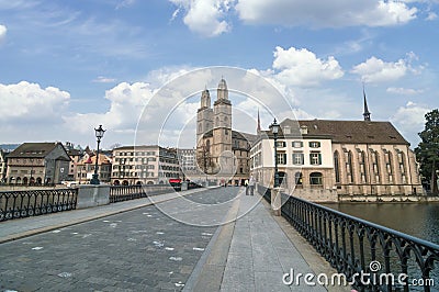 Grossmünster and Munsterbrucke bridge, Zurich Editorial Stock Photo