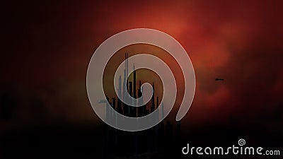 Grote Futuristische Stad in de Hemel met het Vliegen Spaceships onder de Wolken tijdens een Bliksemonweer vector illustratie Grote Futuristische Stad in de Hemel met het Vliegen Spaceships onder de Wolken tijdens een Bliksemonweer vector illustratie