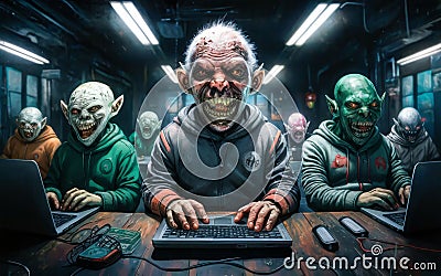 Grotesque Hackers masked troll farm the web in computer malware Stock Photo