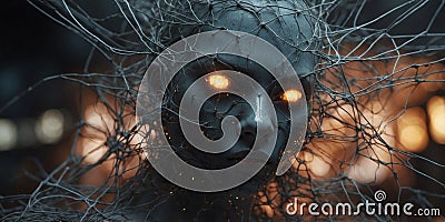 A grotesque neural network, pulsating with eerie energy, its tangled web of wires and nodes twisting and contorting in a Stock Photo