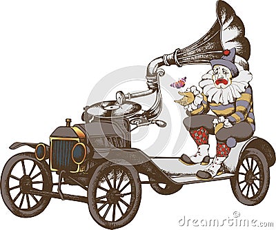 Grotesque steampunk car and sad clown Vector Illustration