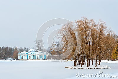 Grotto Pavilion on pond, snowfall, Tsarskoye Selo Stock Photo