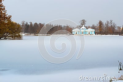 Grotto Pavilion on pond, snowfall, Tsarskoye Selo Stock Photo